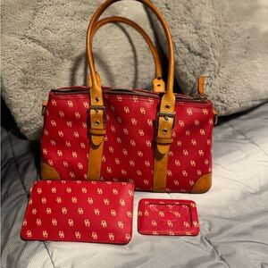 Dooney & Bourke Red Shoulder Bag with Tan Trim and Matching Wallets